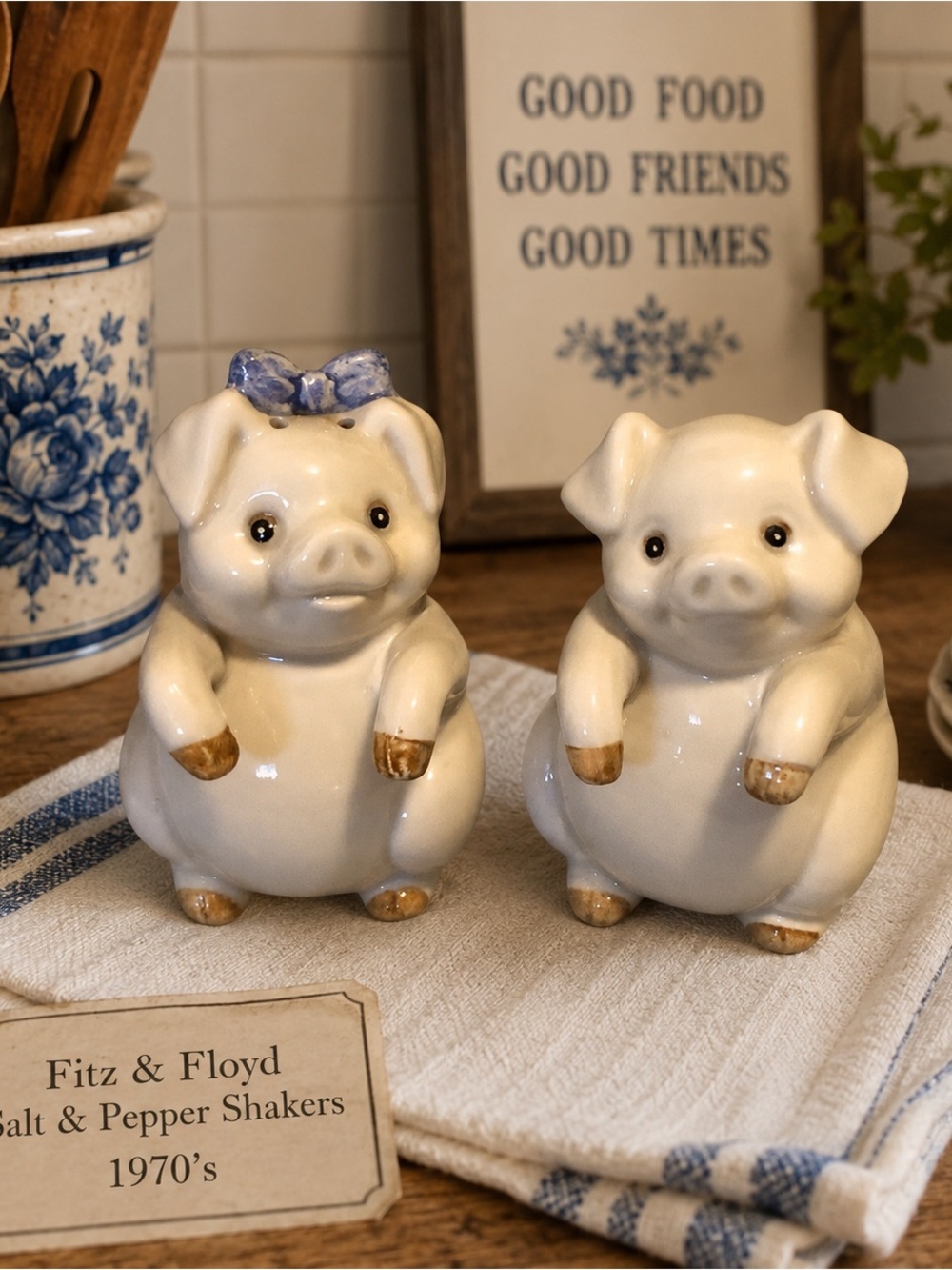 70’s Fitz and Floyd Cream Ceramic Pig Salt & Pepper Shakers Blue Bow 3.25”X2.25